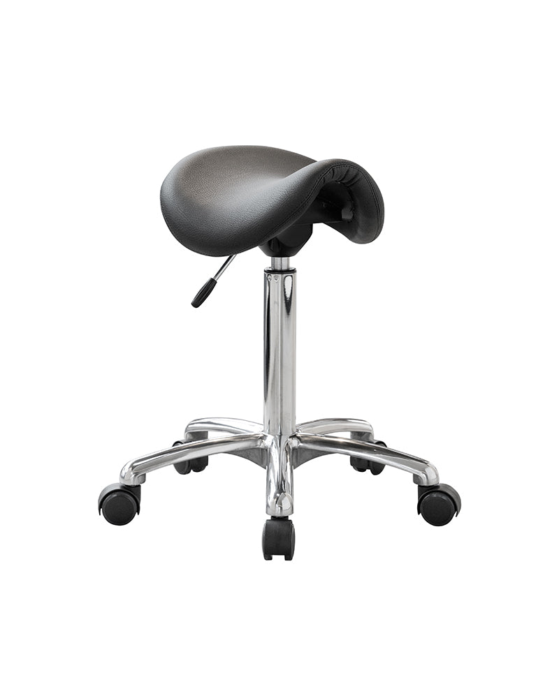 Stella - saddle stool in aluminium with black upholstery